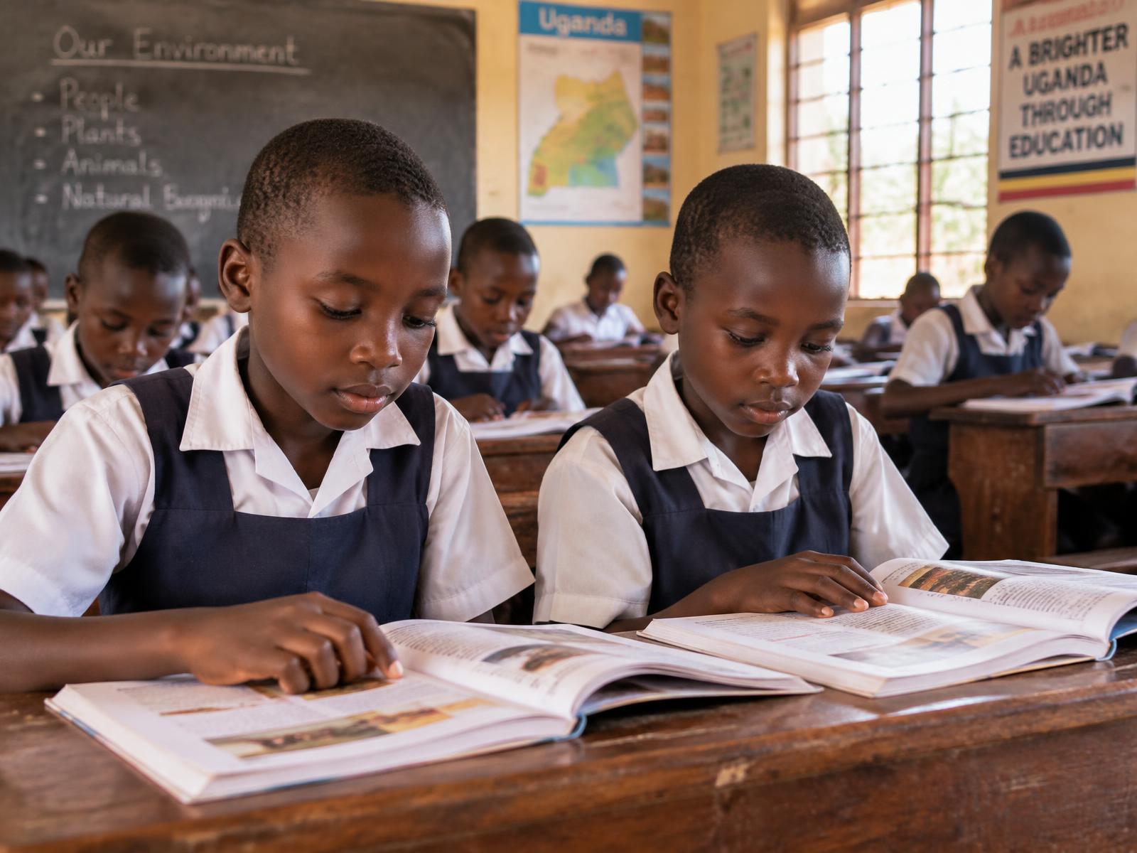 Two learners in school uniform reading Baroque textbooks at a wooden desk