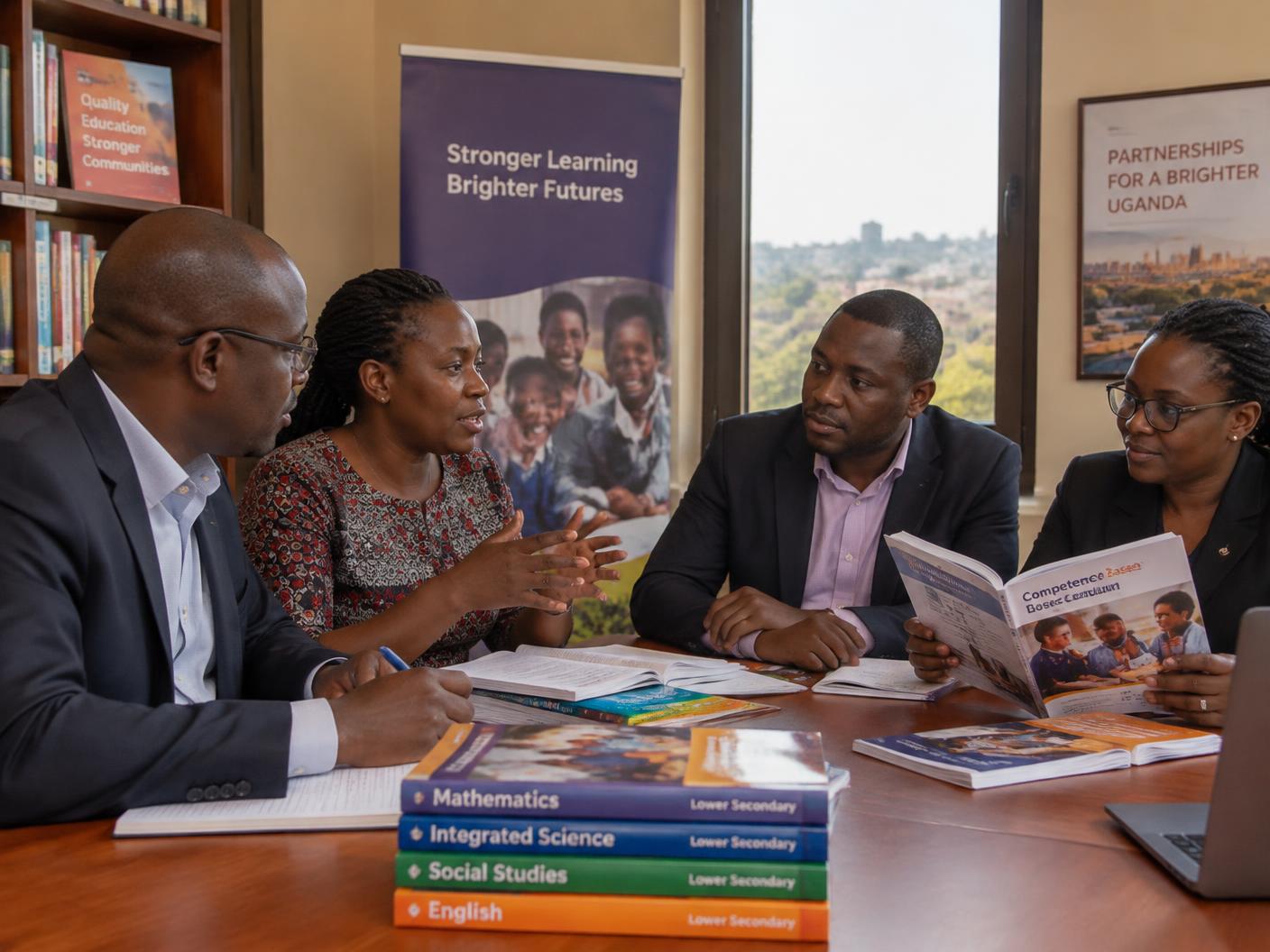 A partnership meeting in Kampala with textbooks open on the table