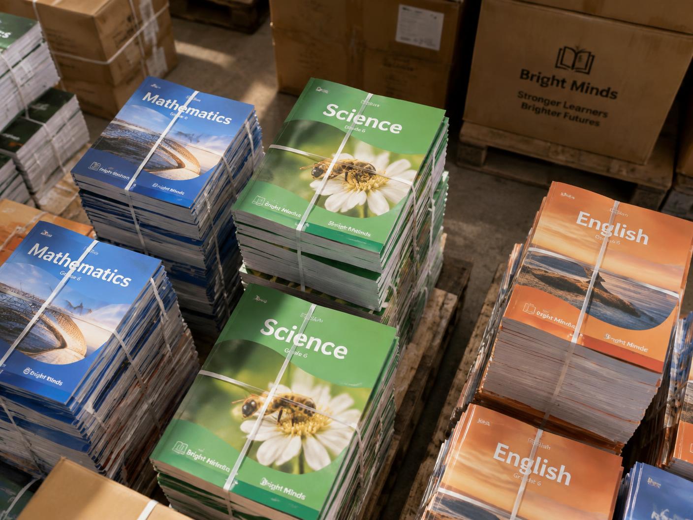 Bundles of freshly printed school textbooks stacked for distribution