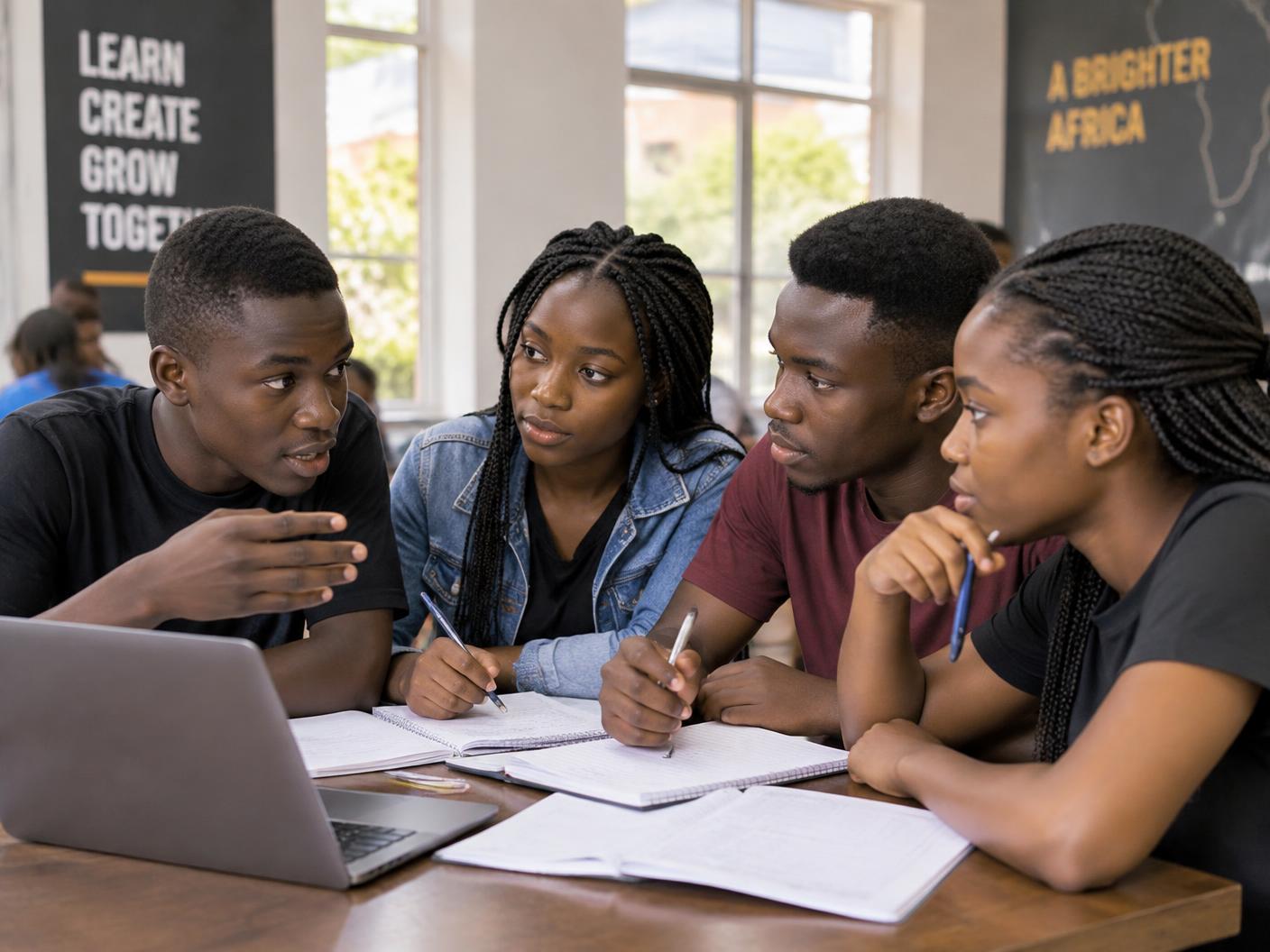 Four students working together around a table with notebooks and a laptop